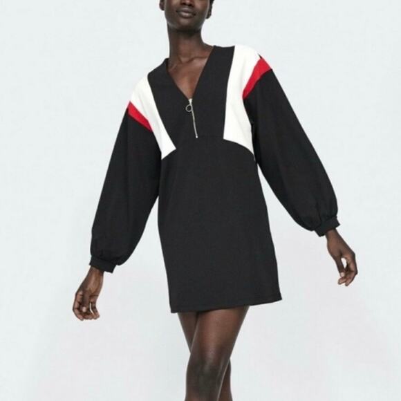 NWT Zara Black Color Block Balloon‎ Sleeve Mini Dress Size Medium - Picture 1 of 9